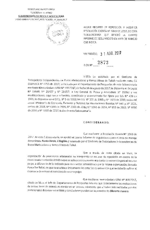 Res. Ex. N° 2873-2017 Acoge Recurso de Reposición y Modifica Res. Ex. N° 1869-2017.