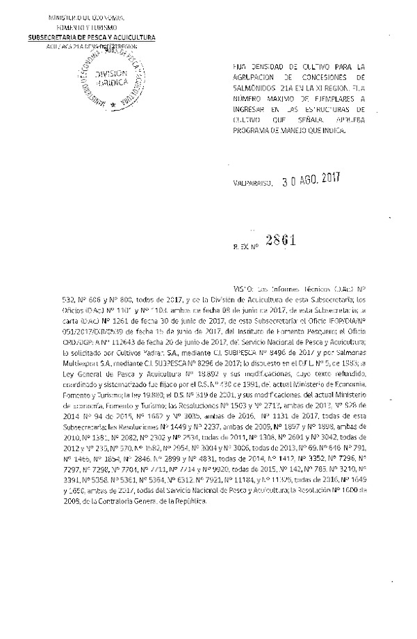 Res. Ex. N° 2861-2017 Fija Densidad de Cultivo para la Agrupación de Concesiones de Salmónidos 21 A, X Región. (Con Informe Técnico) (Publicado en Página Web 04-09-2017) (F.D.O. 08-09-2017)