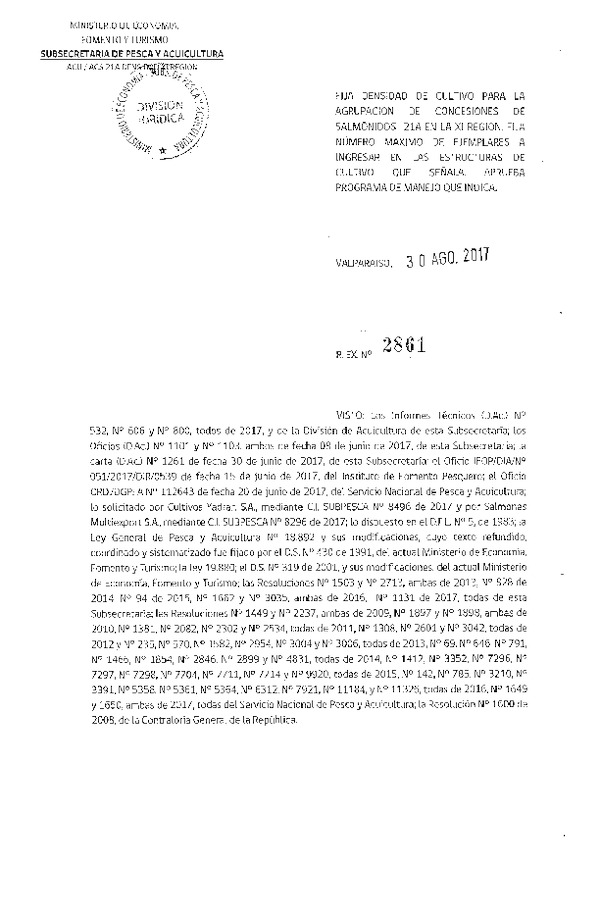 Res. Ex. N° 2861-2017 Fija Densidad de Cultivo para la Agrupación de Concesiones de Salmónidos 21 A, X Región. (Con Informe Técnico) (Publicado en Página Web 04-09-2017) (F.D.O. 08-09-2017)