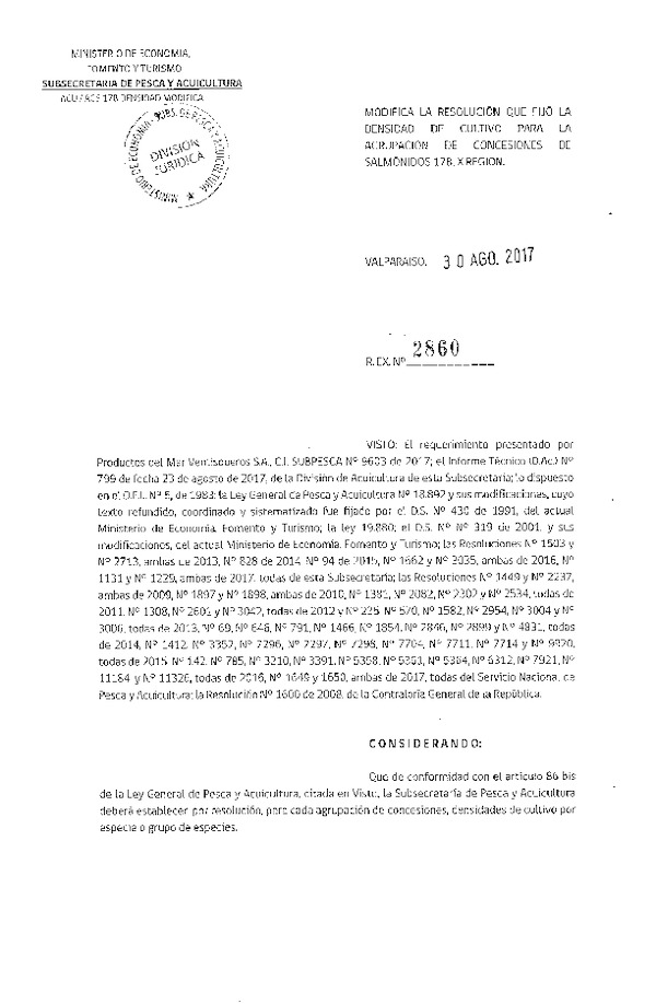 Res. Ex. N° 2860-2017 Modifica Res. Ex. N° 1229-2017 Fija Densidad de Cultivo para la Agrupación de Concesiones de Salmónidos 17 B, X Región. Aprueba Programa de Manejo que Indica. (Publicado en Página Web 04-09-2017)