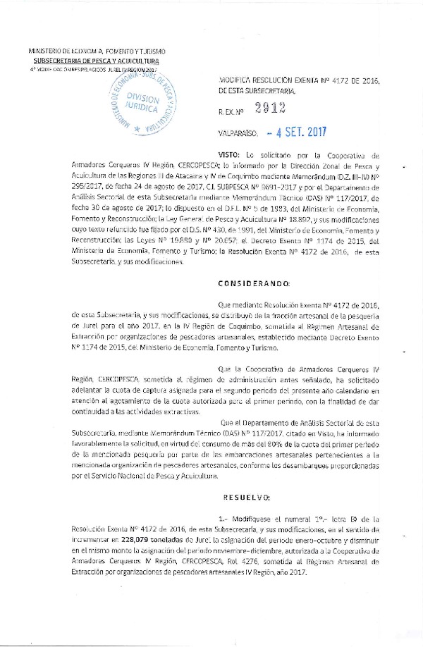 Res. Ex. N° 2912-2017 Modifica Res. Ex. N° 4172-2016 Distribución de la Fracción Artesanal de Pesquería de Anchoveta y Jurel en la IV Región, Año 2017. (Publicado en Página Web 05-09-2017)