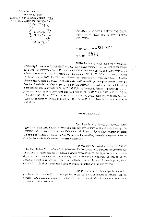 Res. Ex. N° 2914-2017 caracterización limnológica, Concón, V Región de Valparaíso.