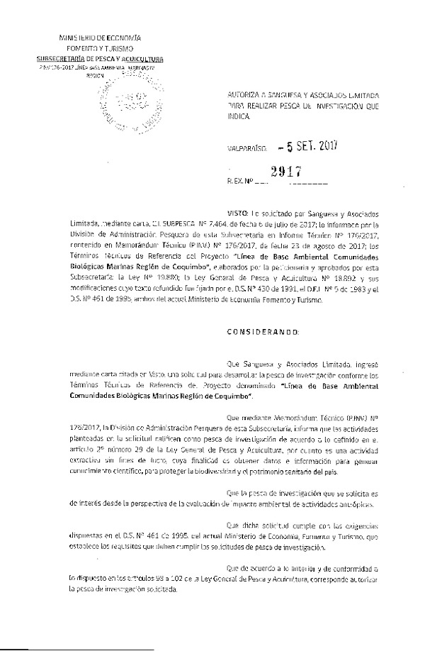 Res. Ex. N° 2917-2017 Línea de base ambiental comunidades biológicas marinas, Región de Coquimbo.