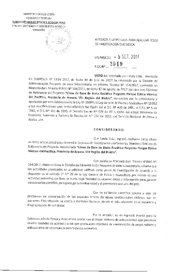 Res. Ex. N° 2919-2017 Línea de base de biota acuática, VIII Región del Biobío.