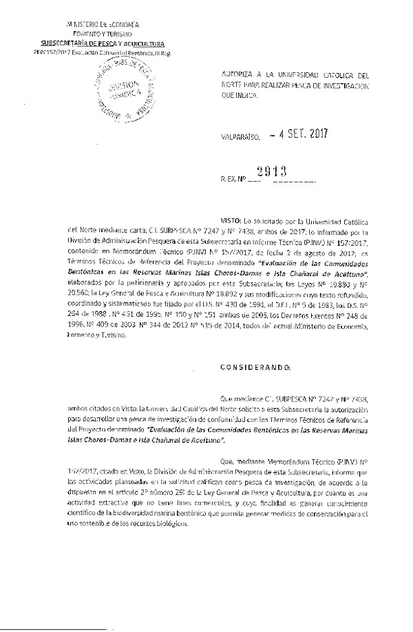 Res. Ex. N° 2913-2017 Evaluación de las comunidades bentónicas reservas marinas Islas Choros - Damas e Isla Chañaral de Aceituno.