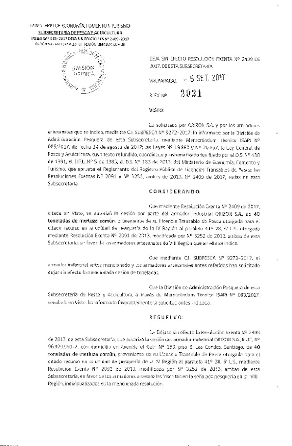 Res. Ex. N° 2921-2017 Deja sin efecto Res. Ex. N° 2409-2017 Autoriza cesión Merluza común IV-VIII Región.