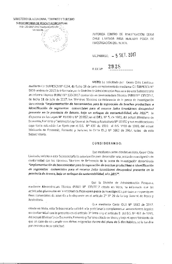 Res. Ex. N° 2928-2017 Pesca de investigación recurso jaiba, VIII Región.