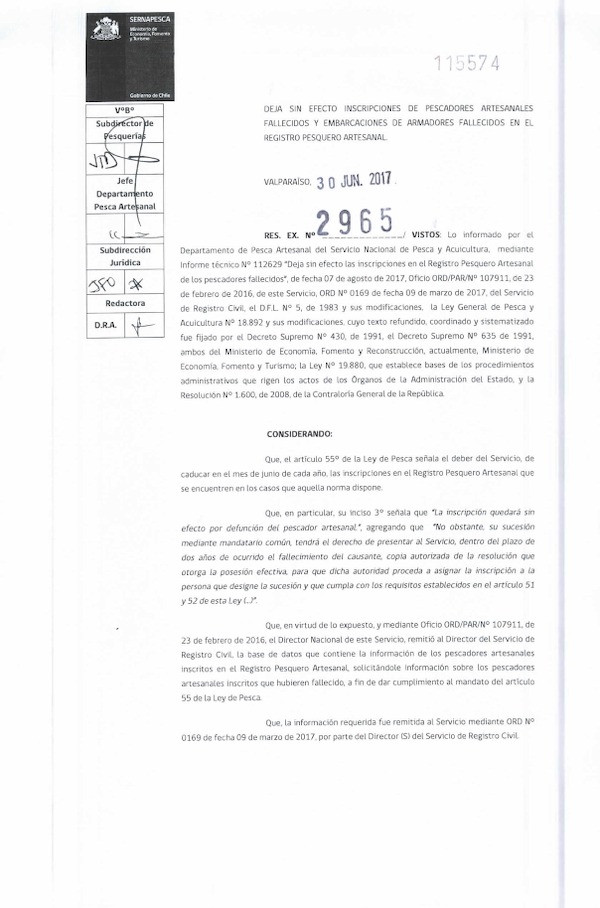 Res. Ex. N° 2965-2017 (Sernapesca) Deja sin Efecto Inscripción de Pescadores Artesanales Fallecidos y Embarcaciones de Armadores Fallecidos en el Registro Pesquero Artesanal. (Publicado en Página Web 07-09-2017) (F.D.O. 07-09-2017)