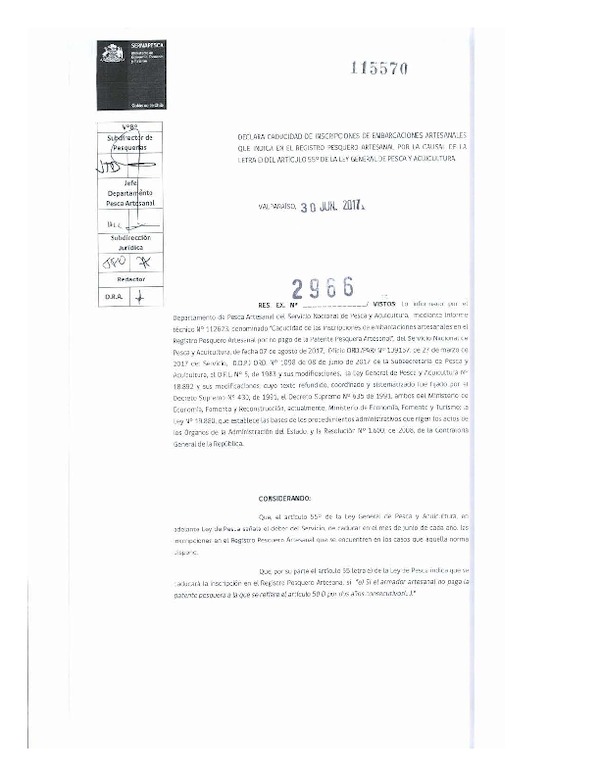 Res. Ex. N° 2966-2017 (Sernapesca) Declara Caducidad de Inscripciones de Embarcaciones Artesanales que Indica en el Registro Pesquero Artesanal. (Publicado en Página Web 07-09-2017) (F.D.O. 07-09-2017)