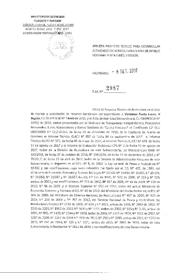 Res. Ex. N° 2987-2017 Aprueba proyecto técnico para desarrollar actividades de acuicultura en área de manejo Ventanas Punta Lunes, V Región. (Publicado en Página Web 11-09-2017)