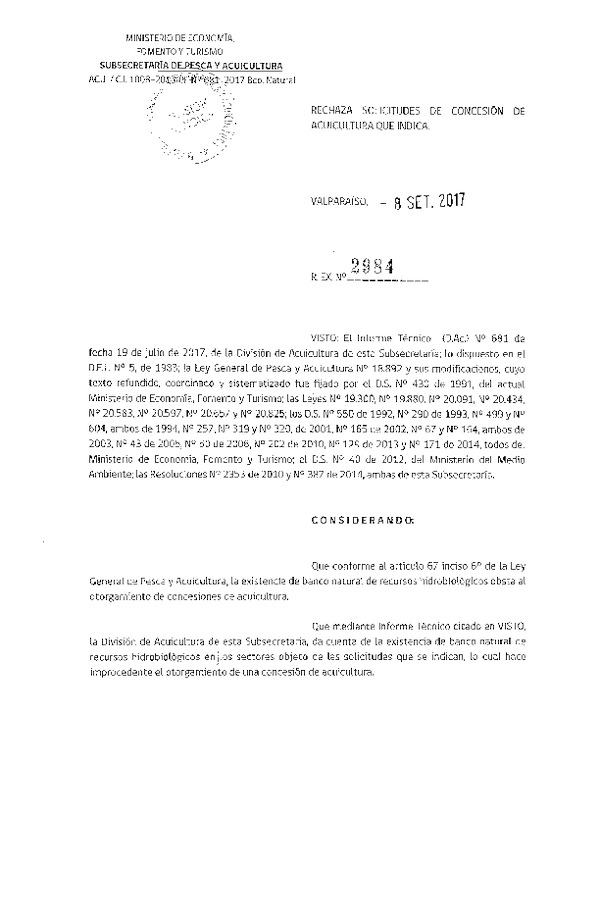 Res. Ex. N° 2984-2017 Rechaza solicitudes de concesión de acuicultura que indica.