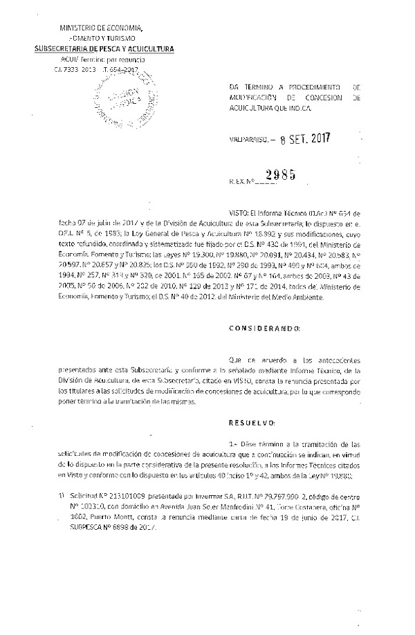 Res. Ex. N° 2985-2017 Da termino a procedimiento de modificación de concesión de acuicultura que indica.