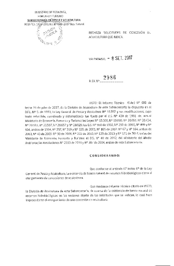 Res. Ex. N° 2986-2017 Rechaza solicitudes de concesión de acuicultura que indica.