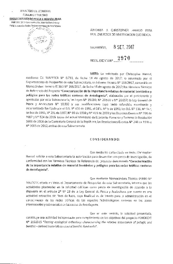 Res. Ex. N° 2970-2017 Caracterización de la importancia relativa material bentónico y pelágico, Antofagasta.