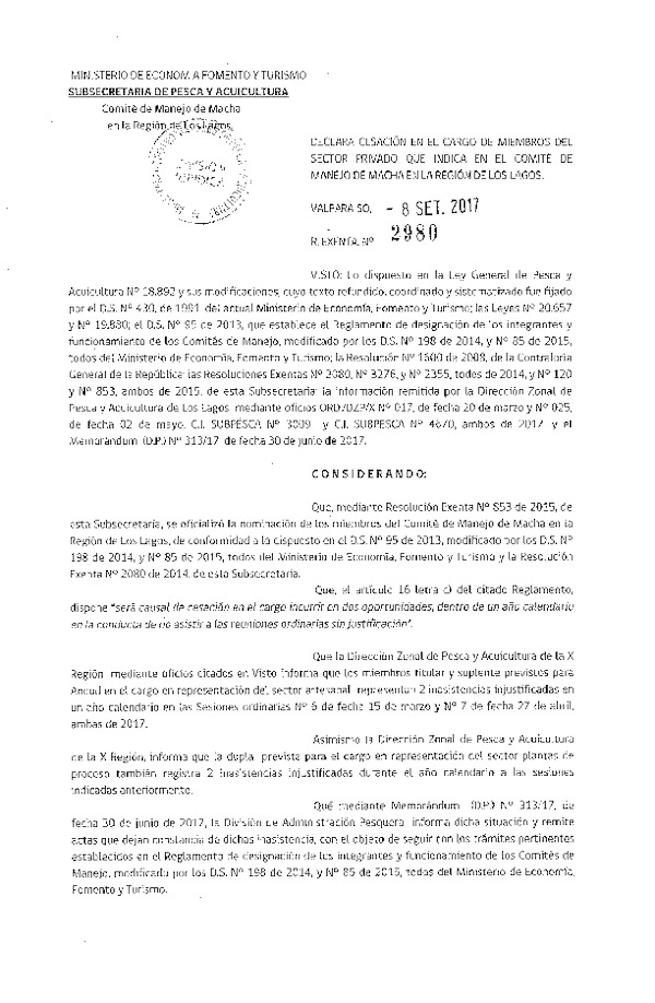 Res. Ex. N° 2980-2017 Declara Cesación en el Cargo de Miembro del Sector Privado que Indica en el Comité de Manejo de la Pesquería de Macha. (Publicado en Página web 12-09-2017) (F.D.O. 20-09-2017)