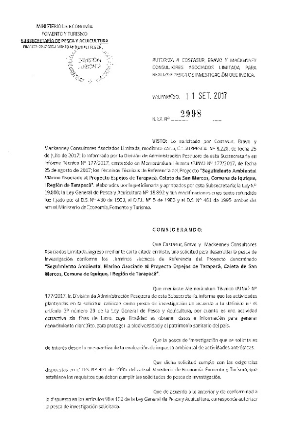 Res. Ex. N° 2998-2017 Seguimiento ambiental marino Caleta de San Marcos, I Región de Tarapacá.