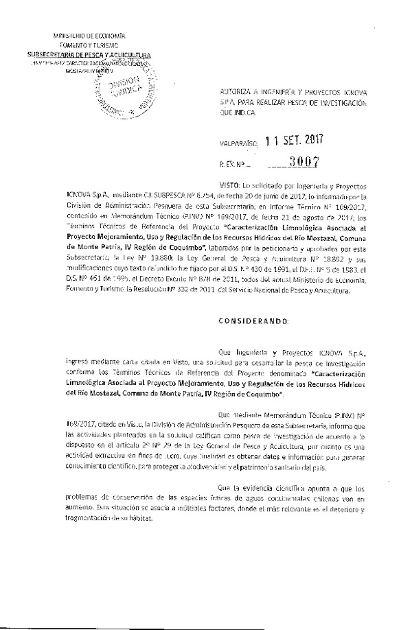 Res. Ex. N° 3007-2017 Caracterización limnológica, comuna de Monte Patria, IV Región de Coquimbo.