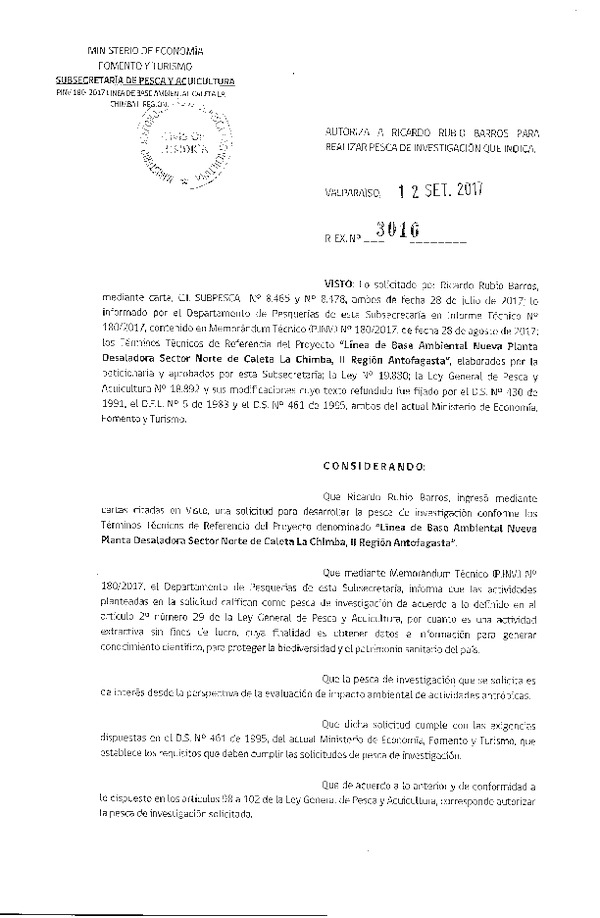 Res. Ex. N° 3016-2017 Línea de base ambiental, II Región de Antofagasta.