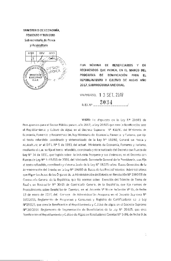 Res. Ex. N° 3034-2017, fija nomina de beneficiarios y de rechazados que indica, en el marco del programa de bonificación para el repoblamiento y cultivo de algas año 2017, subprograma nacional