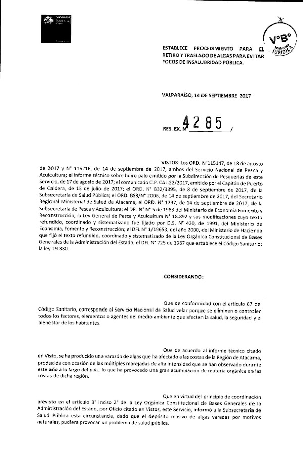 Res. Ex. N° 4285-2017 (Sernapesca) Establece Procedimiento para el Retiro y Traslado de Algas para Evitar Focos de Insalubridad Pública. (Publicado en Página Web 14-09-2017)