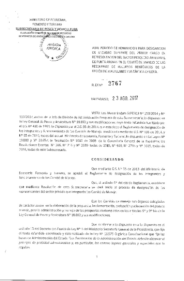 Res. Ex. N° 2767-2017 Abre Periodo de Nominación Designación Miembro Suplente del Primer Cargo en Representación Sector Pesquero Artesanal Comité de Manejo Recursos Bentónicos. (F.D.O. 20-09-2017)