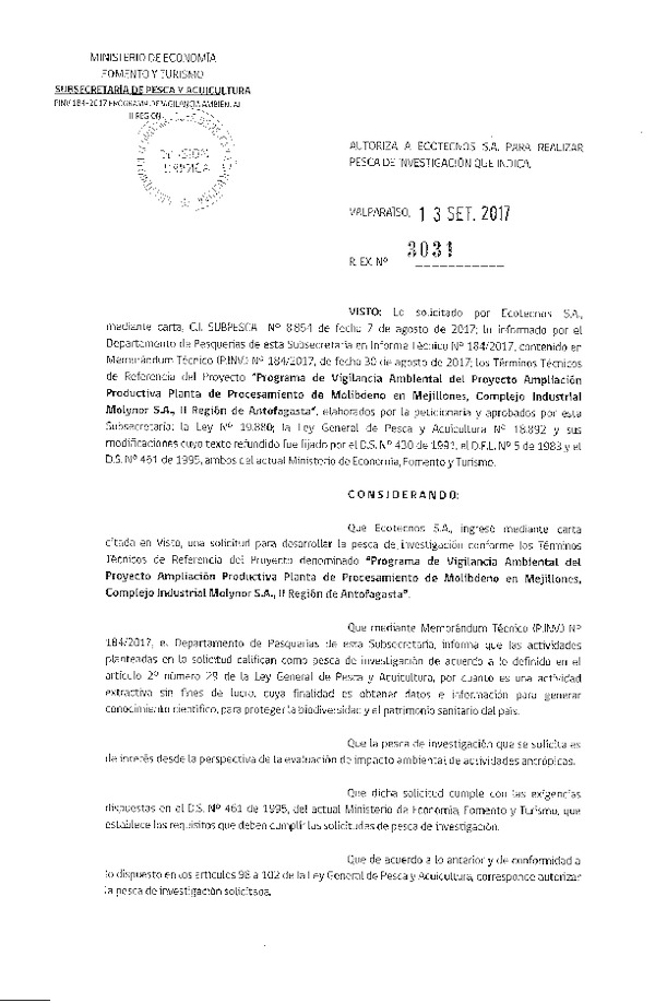 Res. Ex. N° 3031-2017 Programa de vigilancia ambiental, II Región de Antofagasta.