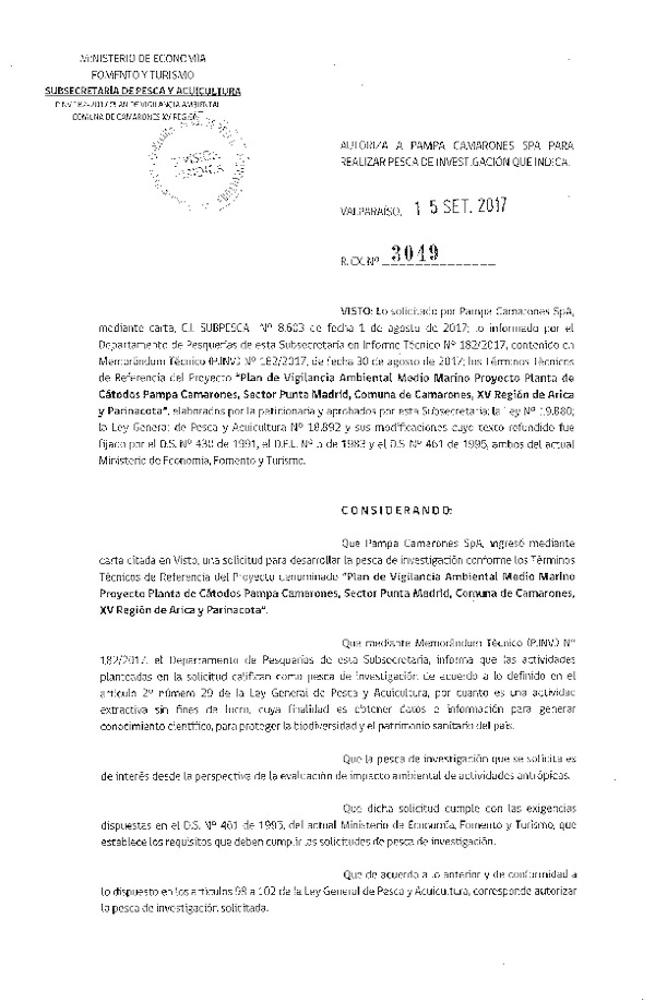 Res. Ex. N° 3049-2017 Plan de vigilancia ambiental medio marino, comuna de camarones, XV Región.