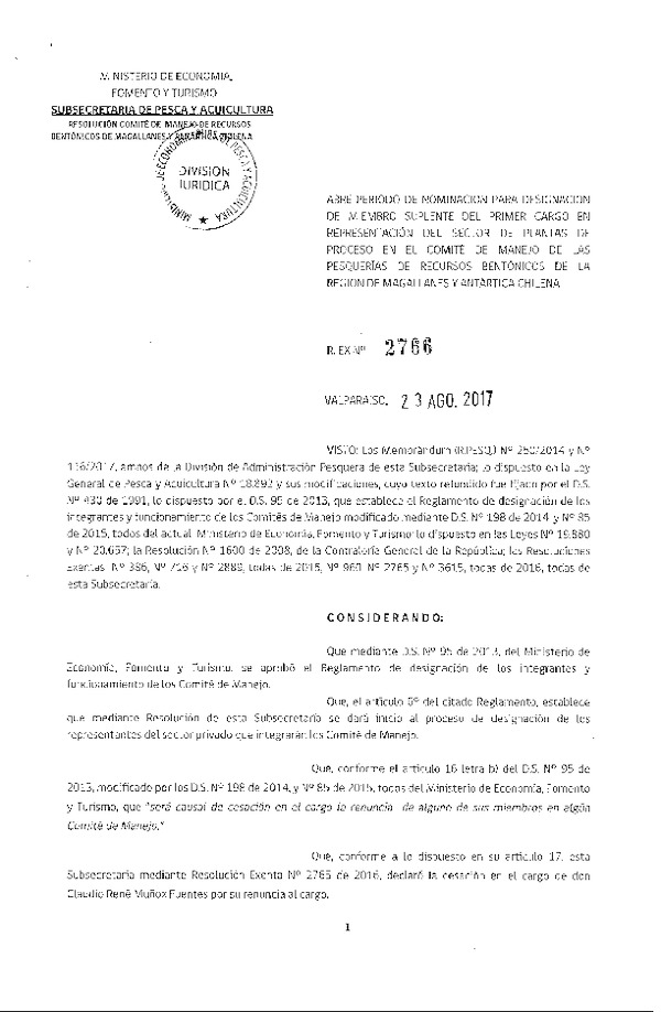 Res. Ex. N° 2766-2017 Abre Periodo de Nominación Designación Miembro Suplente del  Cargo en Representación Sector Plantas de Proceso Comité de Manejo Recursos Bentónicos. (F.D.O. 21-09-2017)