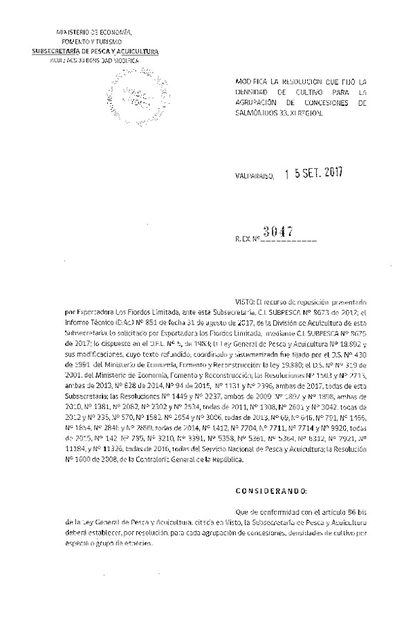 Res. Ex. N° 3047-2017 Modifica Res. Ex. N° 2396-2017 Fija Densidad de Cultivo para la Agrupación de Concesiones de Salmónidos 33 en la XI Región. (Con Informe Técnico) (Publicado en Página Web 21-09-2017) (F.D.O. 27-09-2017)