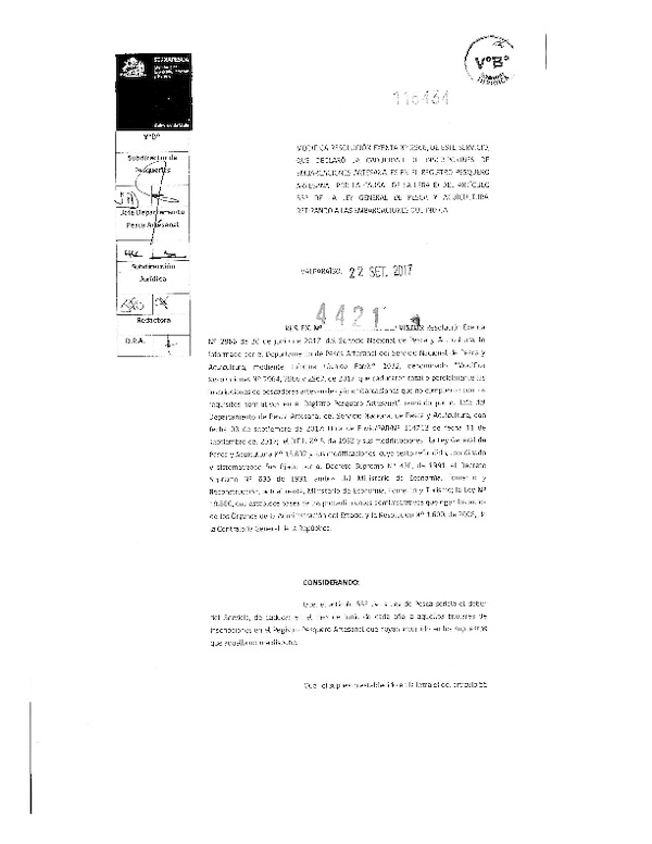 Res. Ex. N° 4421-2017 Modifica Res Ex. N° 2966-2017, Que Declaró la Caducidad de Inscripciones de Embarcaciones Artesanales en el Registro Pesquero Artesanal por la Causal de la Lera el del Artículo 55° de la Ley General de Pesca y Acuicultura, Retirando a las Embarcaciones que Indica. (Sernapesca) (Publicado en Página Web 25-09-2017) (F.D.O. 17-10-2017)