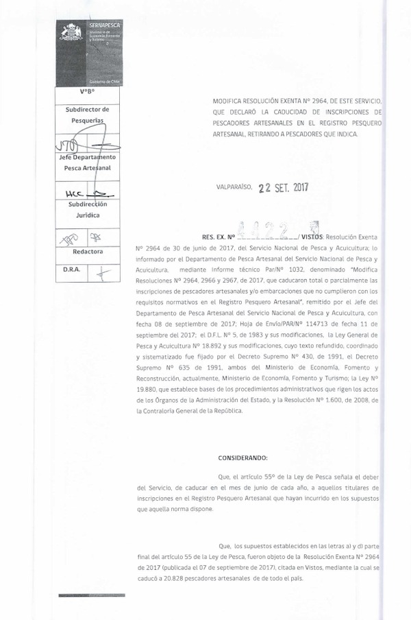 Res. Ex. N° 4422-2017 Modifica Res Ex. N° 2964-2017, Que Declaró la Caducidad de Inscripciones de Embarcaciones Artesanales en el Registro Pesquero Artesanal Retirando a las Embarcaciones que Indica. (Sernapesca) (Publicado en Página Web 25-09-2017) (F.D.O. 17-10-2017)