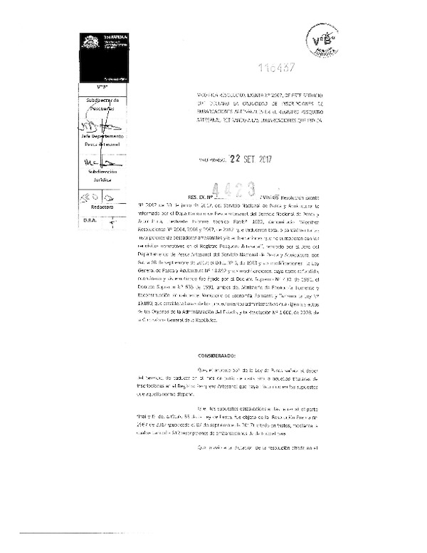 Res. Ex. N° 4423-2017 Modifica Res Ex. N° 2967-2017, Que Declaró la Caducidad de Inscripciones de Embarcaciones Artesanales en el Registro Pesquero Artesanal Retirando a las Embarcaciones que Indica. (Sernapesca) (Publicado en Página Web 25-09-2017) (F.D.O. 17-10-2017)