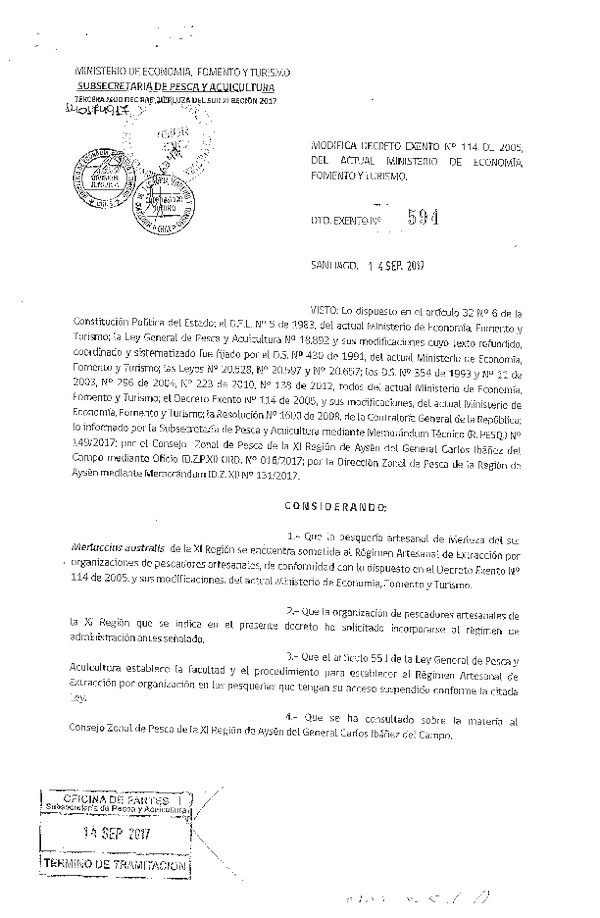 Dec. Ex. N° 594-2017 Modifica Dec. Ex. N° 114-2005 Establece Régimen Artesanal de Extracción por Organización para la Pesquería Artesanal de Merluza delo sur en la XI Región. (F.D.O. 27-09-2017)