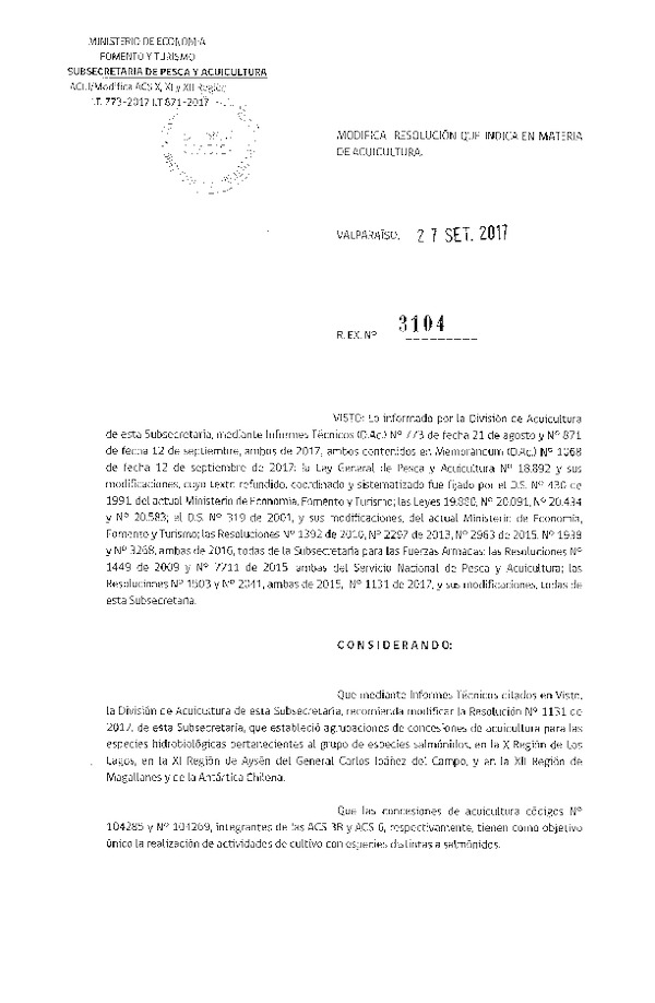 Res. Ex. N° 3104-2017 Modifica 	Res. Ex. N° 1131-2017 Actualiza y Reemplaza Resolución que Establece Agrupaciones de Concesiones de Acuicultura de Salmónidos en las Regiones X, XI y XII. (Publicado en Página Web 27-09-2017) (F.D.O. 03-10-2017)