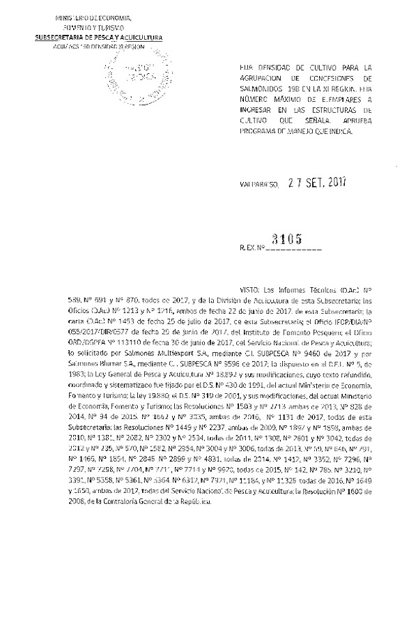 Res. Ex. N° 3105-2017 Fija Densidad de Cultivo para la Agrupación de Concesiones de Salmónidos 19 B XI Región. (Con Informe Técnico) (Publicado en Página Web 27-09-2017) (F.D.O. 03-10-2017)