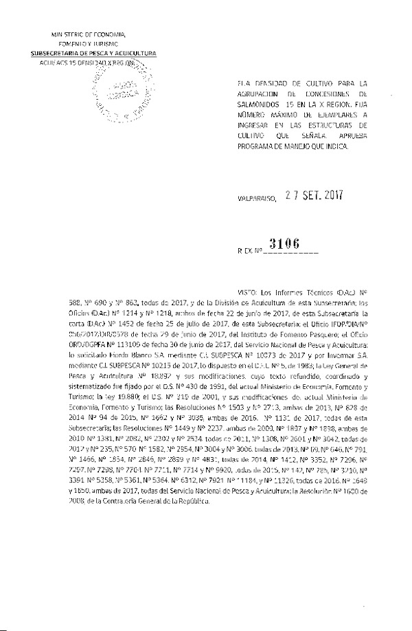 Res. Ex. N° 3106-2017 Fija Densidad de Cultivo para la Agrupación de Concesiones de Salmónidos 15 X Región. (Con Informe Técnico) (Publicado en Página Web 27-09-2017) (F.D.O. 03-10-2017)