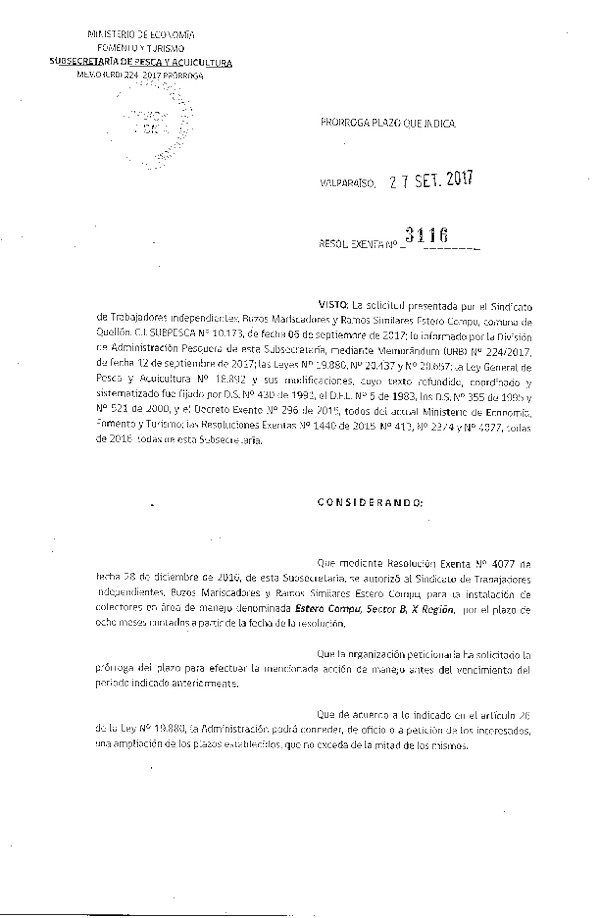 Res. Ex. N° 3116-2017 Prorroga Acción de Manejo.