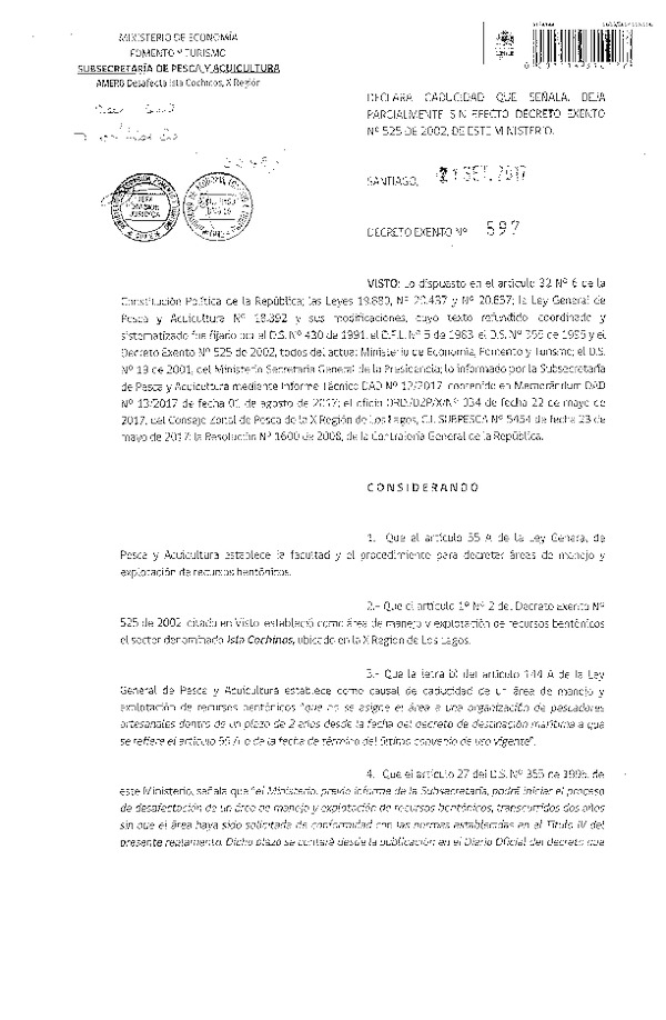 Dec. Ex. N° 597-2017 Declara Caducidad que Señala. Deja Parcialmente sin Efecto Dec. Ex. N° 525-2002. (F.D.O. 29-09-2017)