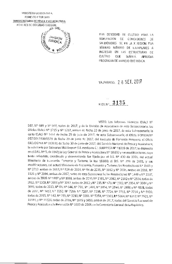 Res. Ex. N° 3135-2017 Fija Densidad de Cultivo para la Agrupación de Concesiones de Salmónidos 9 C, en la X Región. Aprueba Programa de Manejo que Indica. (Publicado en Página Web 29-09-2017) (F.D.O. 05-10-2017)