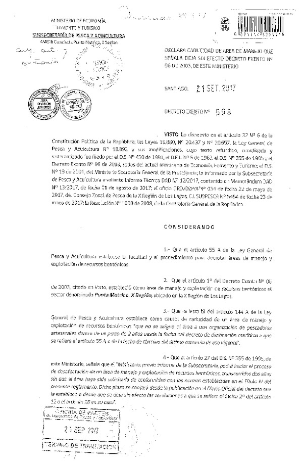 Dec. Ex. N° 598-2017 Declara Caducidad que Señala. Deja sin Efecto Dec. Ex. N° 6-2003. (F.D.O. 29-09-2017)