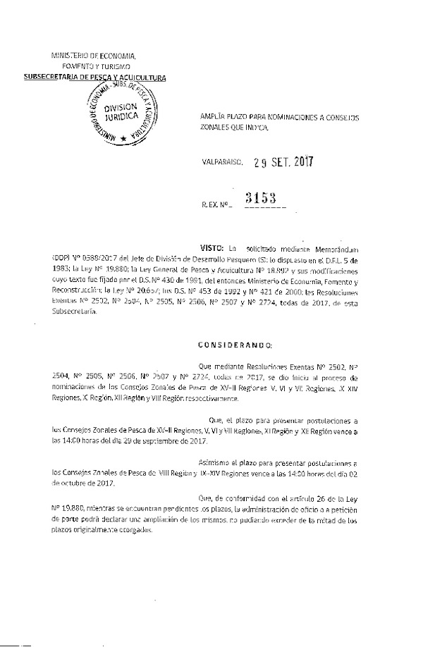 Res. Ex. N° 3153-2017 Amplía Plazo para Nominaciones a Consejos Zonales que Indica. (Publicado en Página Web 02-10-2017) (F.D.O. 10-10-2017)