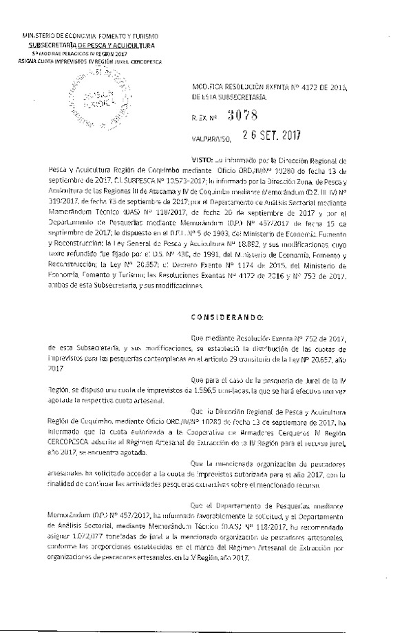 Res. Ex. N° 3078-2017 Modifica Res. Ex. N° 4172-2016 Distribución de la Fracción Artesanal de Pesquería de Anchoveta y Jurel en la IV Región, Año 2017. (Publicado en Página Web 02-10-2017)