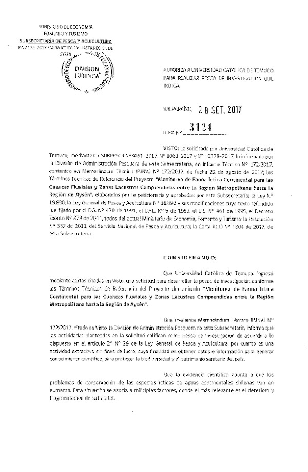 Res. Ex. N° 3124-2017 Monitoreo de fauna íctica continental, entre la Región Metropolitana y Región de Aysén.