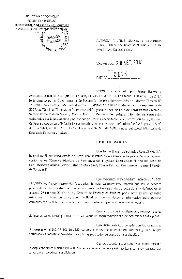 Res. Ex. N° 3125-2017 Línea de base de ecosistemas marinos comuna de Iquique, I Región.