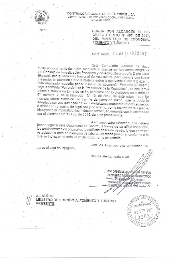 Dec. Ex. N° 497-2017 Nombra Integrante del Consejo de Investigación Pesquera y Acuicultura por la Comisión Nacional de Acuicultura. (F.D.O. 03-10-2017)