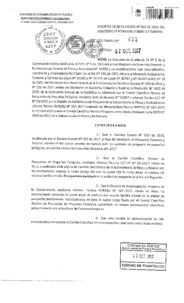 Dec. Ex. N° 622-2017 Modifica Dec. Ex. N° 900-2016 Que Establece Cuotas Anuales de Captura de Unidades de Pesquería de Recursos Pelágicos Pequeños que Indica, Sometidas a Licencias Transables de Pesca, Año 2017. (Publicado en Página Web 03-10-2017) (F.D.O. 05-10-2017)