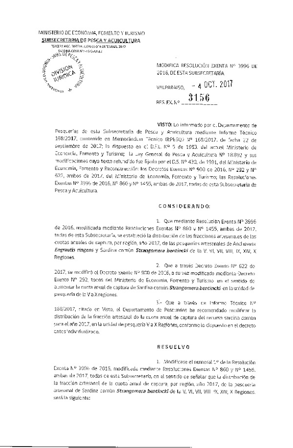 Res. Ex. N° 3156-2017 Modifica Res. Ex. N° 3996-2016 Establece Distribución de las Fracciones Artesanales de Anchoveta y Sardina Común V-X Regiones, por Región, Año 2017. (Publicado en Página Web 04-10-2017) (F.D.O. 11-10-2017)