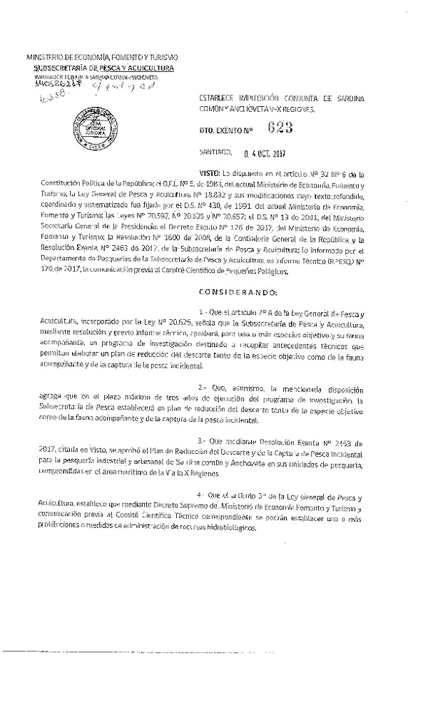 Dec. Ex. N° 623-2017 Establece Imputación Conjunta de sardina Común y Anchoveta V-X Regiones. (Publicado en Página Web 04-10-2017) (F.D.O. 10-10-2017)