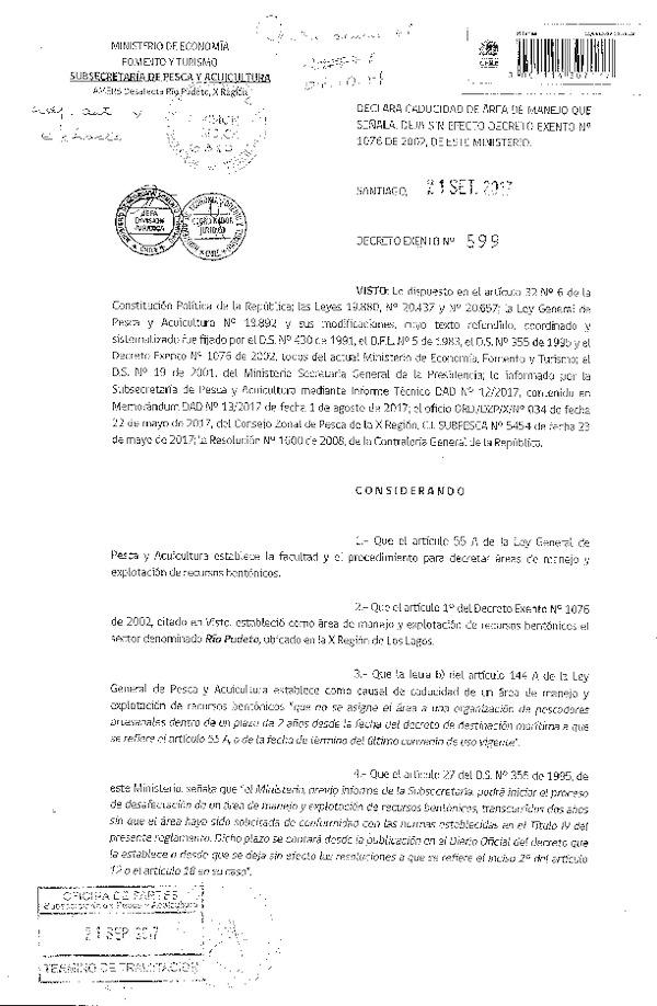 Dec. Ex. N° 599-2017 Declara Caducidad Área de Manejo. Deja sin Efecto Dec. Ex. N° 1076-2002.  (F.D.O. 04-10-2017)