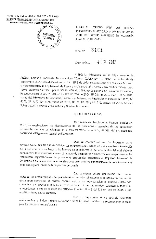 Res. Ex. N° 3161-2017 Establece Período para los Efectos Previstos en el Artículo 14 del D.S. N° 296-2004. (F.D.O. 12-10-2017)